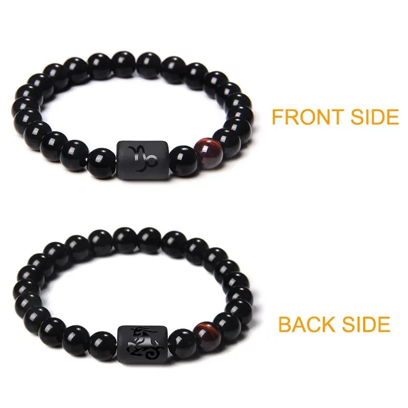 Mens Jewellery 12 Constellation Zodiac Signs Beads Couple Bracelet Natural Black Onyx Stone Elastic Charm Bracelet for Women Men