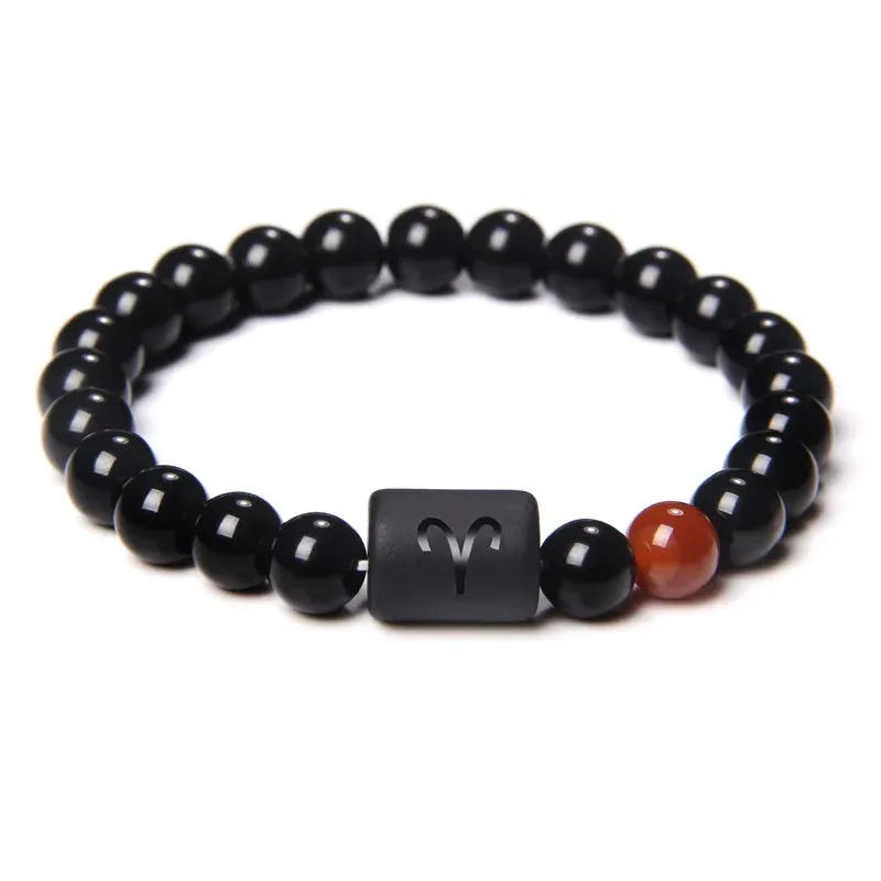 Mens Jewellery 12 Constellation Zodiac Signs Beads Couple Bracelet Natural Black Onyx Stone Elastic Charm Bracelet for Women Men