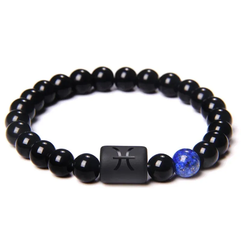 Mens Jewellery 12 Constellation Zodiac Signs Beads Couple Bracelet Natural Black Onyx Stone Elastic Charm Bracelet for Women Men