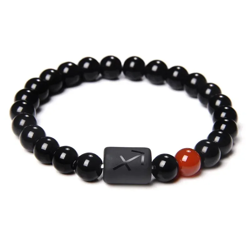 Mens Jewellery 12 Constellation Zodiac Signs Beads Couple Bracelet Natural Black Onyx Stone Elastic Charm Bracelet for Women Men
