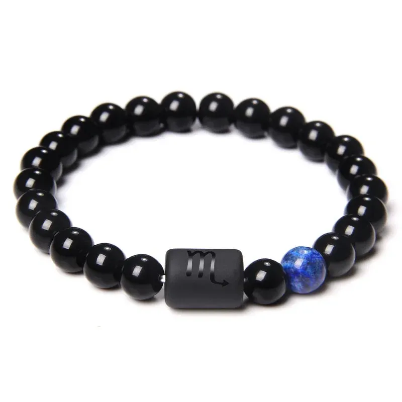 Mens Jewellery 12 Constellation Zodiac Signs Beads Couple Bracelet Natural Black Onyx Stone Elastic Charm Bracelet for Women Men