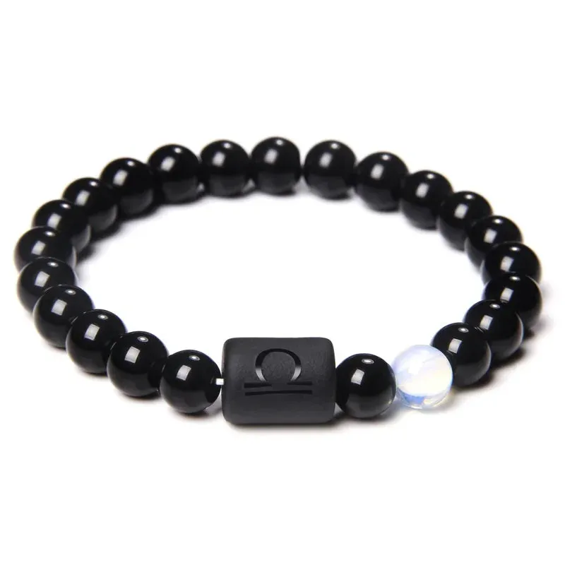 Mens Jewellery 12 Constellation Zodiac Signs Beads Couple Bracelet Natural Black Onyx Stone Elastic Charm Bracelet for Women Men