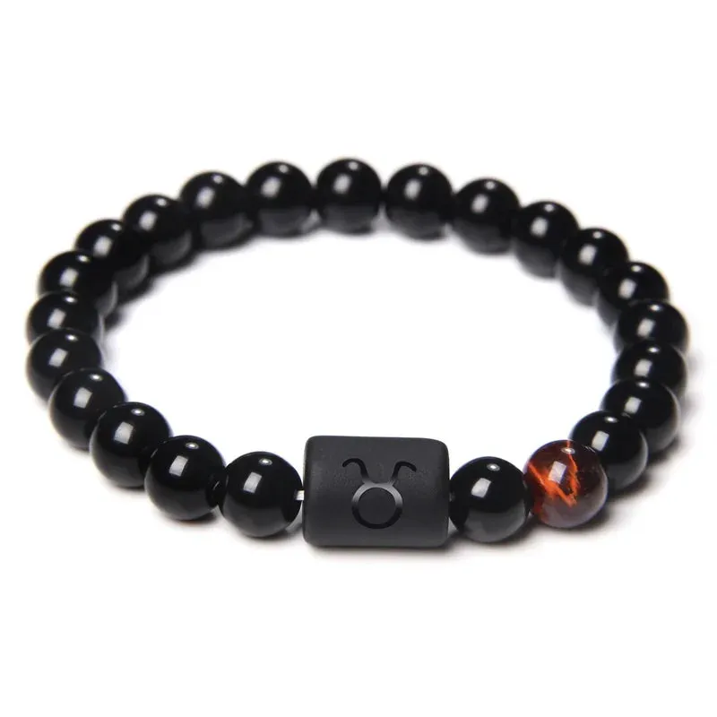 Mens Jewellery 12 Constellation Zodiac Signs Beads Couple Bracelet Natural Black Onyx Stone Elastic Charm Bracelet for Women Men