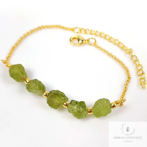 Natural Raw Peridot Gemstone Bracelet, Gold Plated Bracelet, August Birthstone Jewelry, Layering Friendship Bracelet, Adjustable Bracelet,