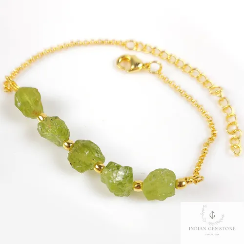 Natural Raw Peridot Gemstone Bracelet, Gold Plated Bracelet, August Birthstone Jewelry, Layering Friendship Bracelet, Adjustable Bracelet,