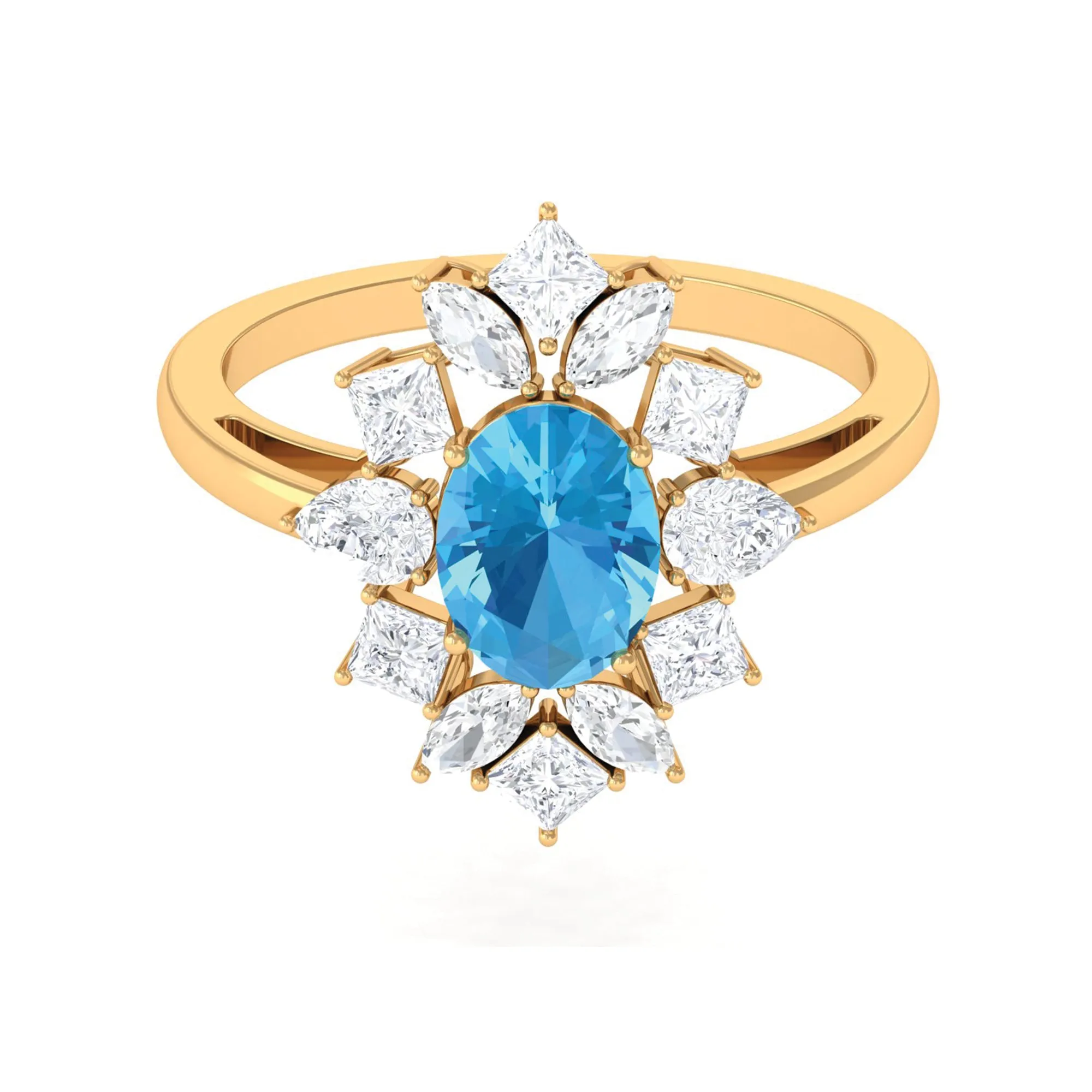 Oval Cut Swiss Blue Topaz Cocktail Ring with Moissanite Stones