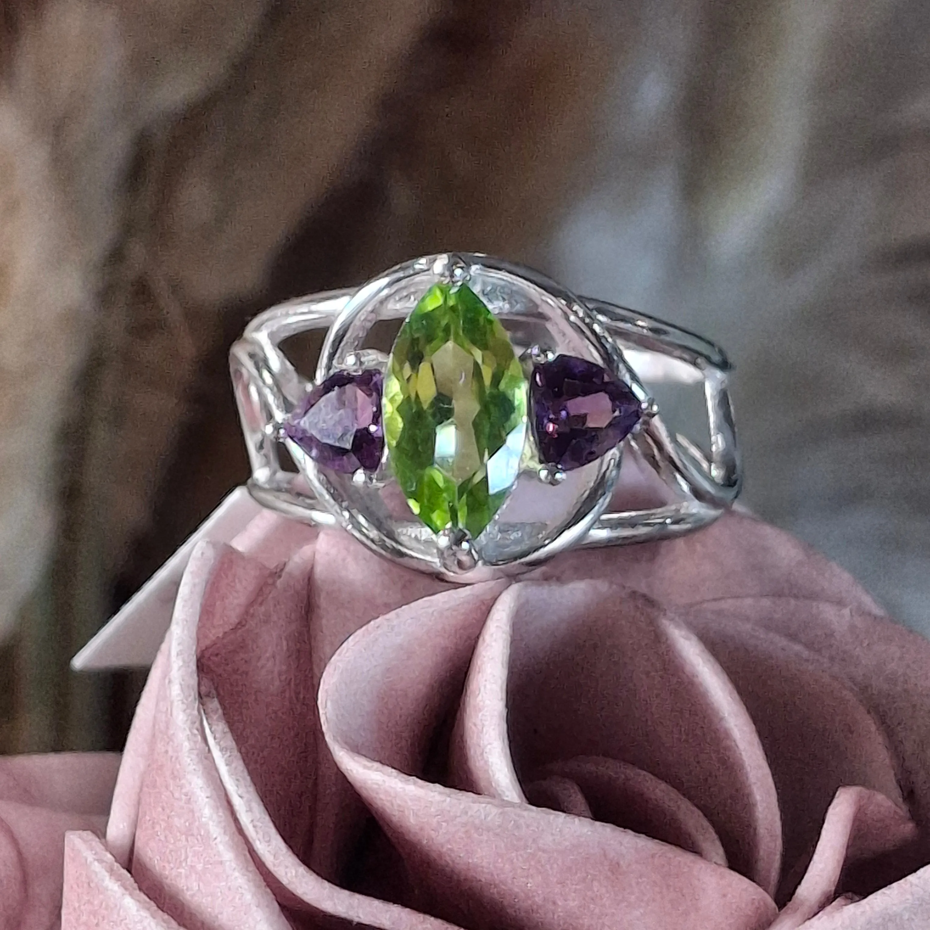 Peridot & Amethyst Marquis Cuff Ring .925 Silver for Intuivitely Manifesting Abundance