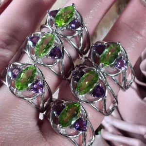 Peridot & Amethyst Marquis Cuff Ring .925 Silver for Intuivitely Manifesting Abundance