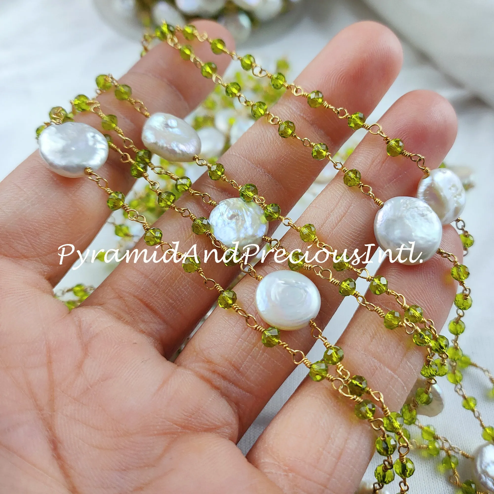 Peridot Beaded Chain, Mother Of Pearl Wire Wrapped Chain, Rosary Bead Chain, Jewelry Making Chain, DIY Chain – SELLING BY FOOT