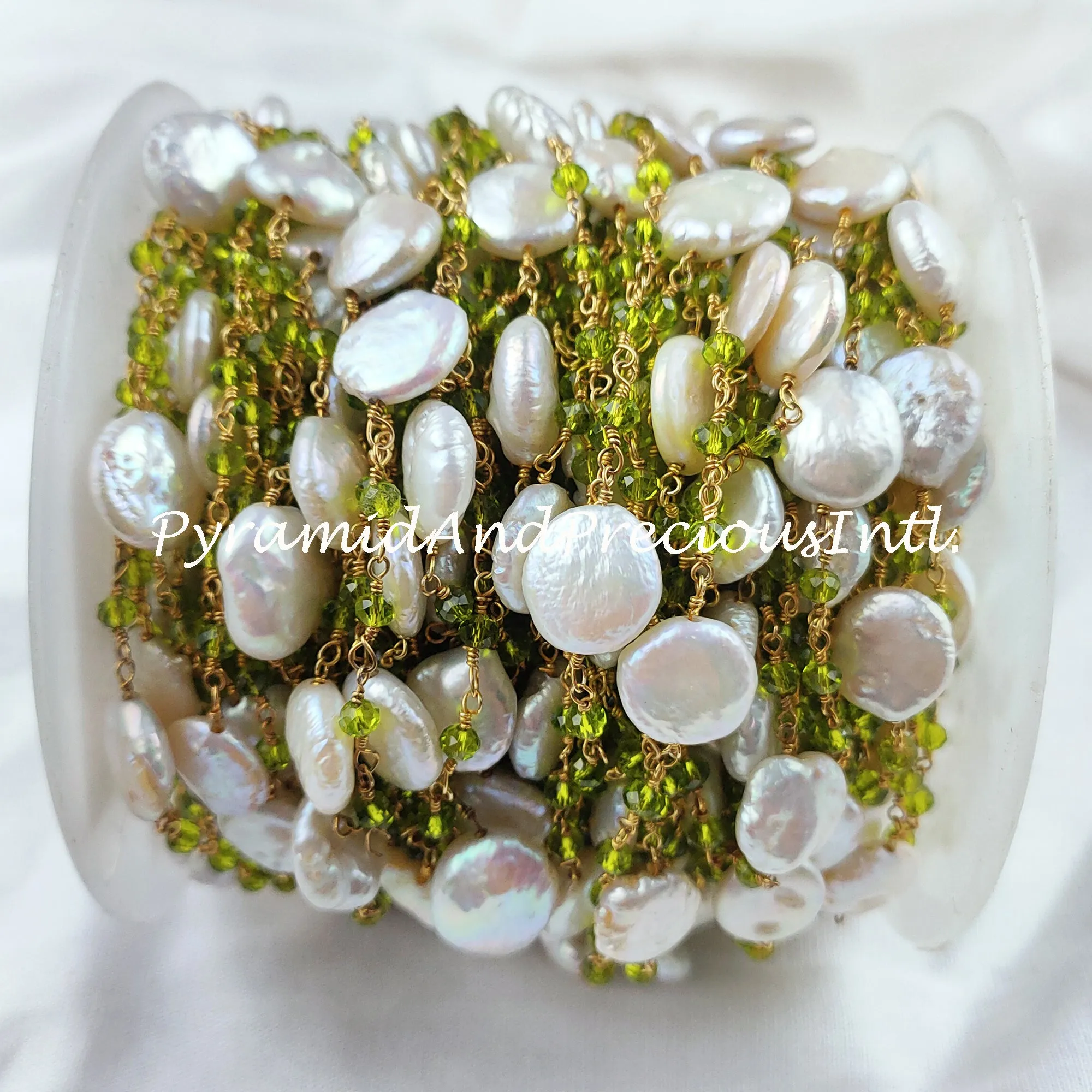 Peridot Beaded Chain, Mother Of Pearl Wire Wrapped Chain, Rosary Bead Chain, Jewelry Making Chain, DIY Chain – SELLING BY FOOT