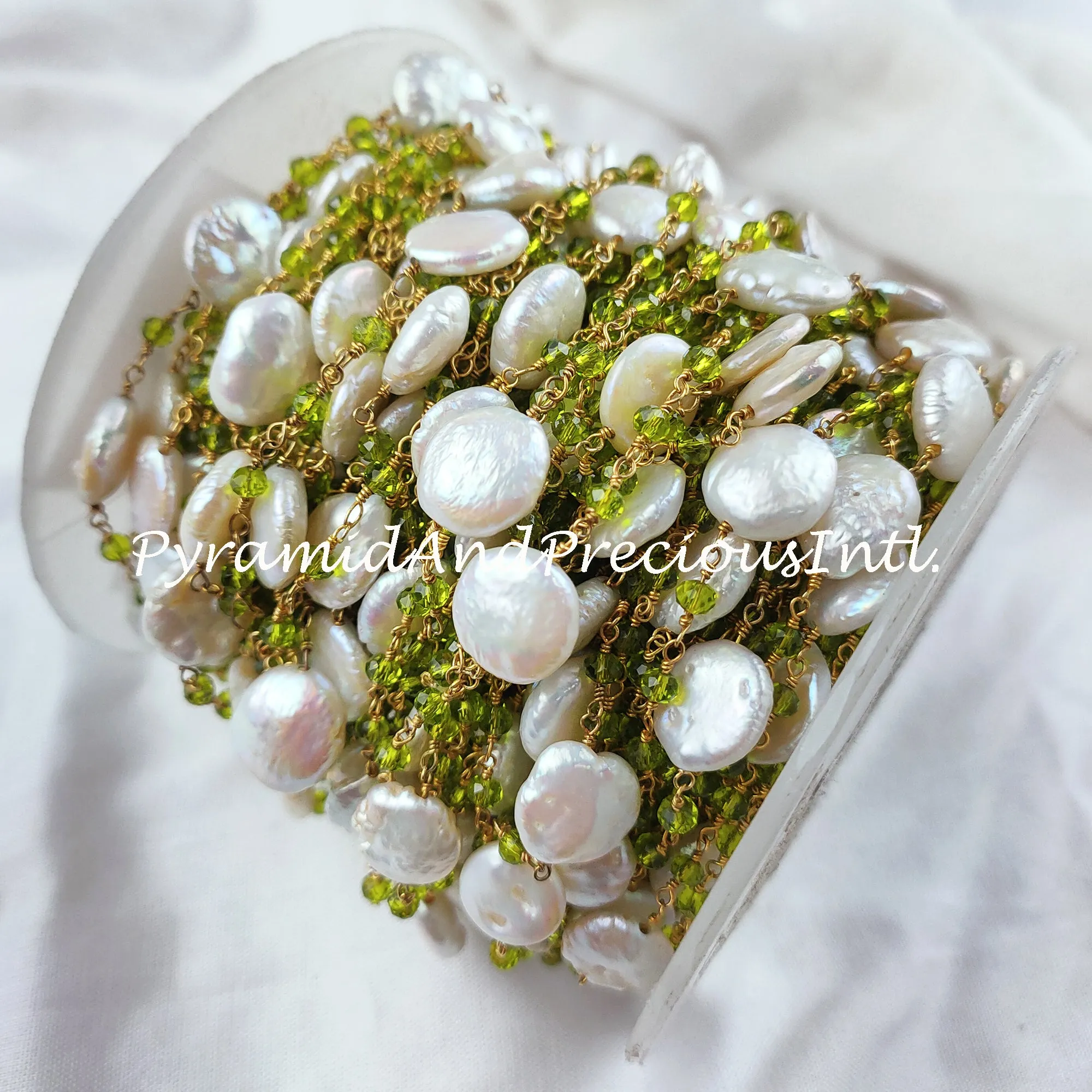 Peridot Beaded Chain, Mother Of Pearl Wire Wrapped Chain, Rosary Bead Chain, Jewelry Making Chain, DIY Chain – SELLING BY FOOT