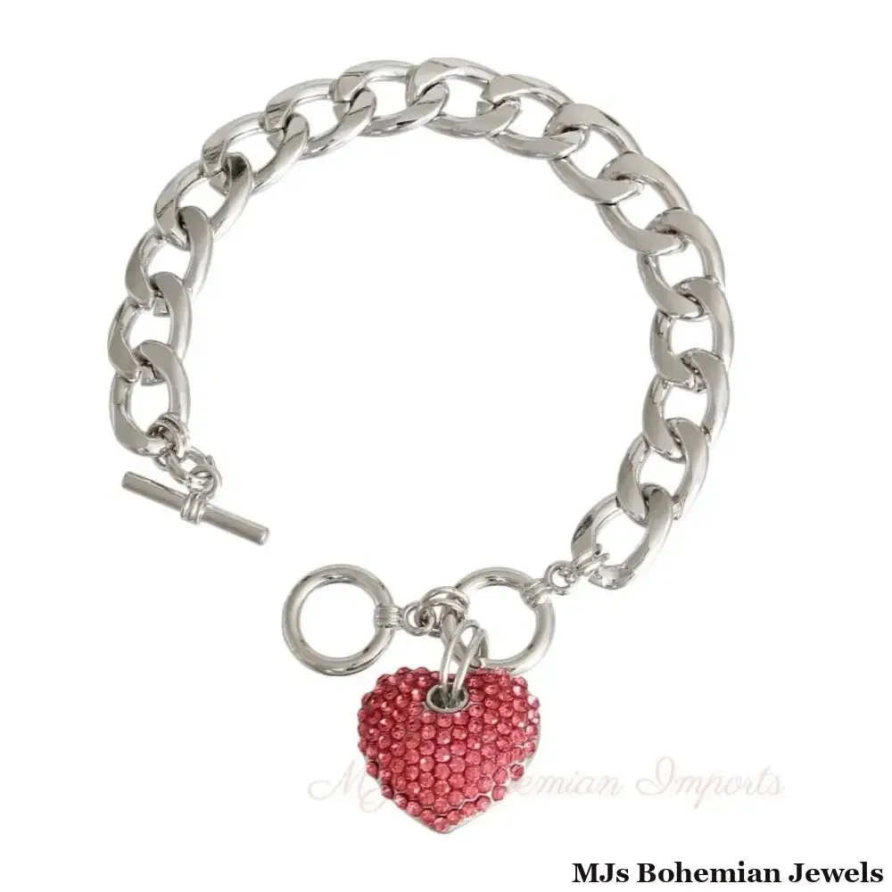 Pink Stone Heart Silver Bracelet
