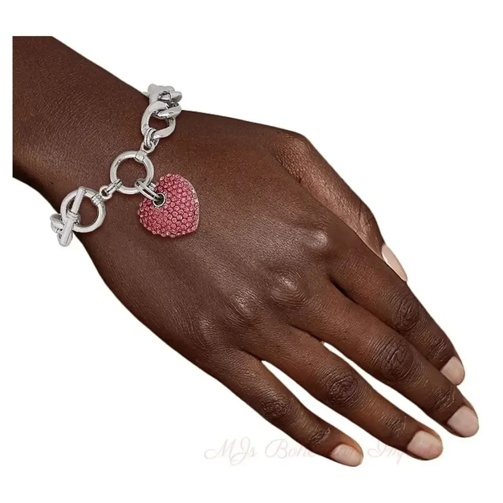 Pink Stone Heart Silver Bracelet