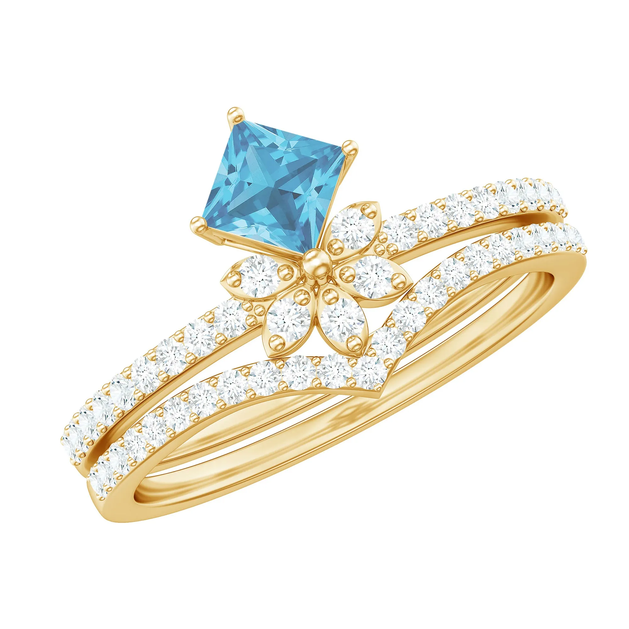 Princess Cut Swiss Blue Topaz and Diamond Flower Ring Set