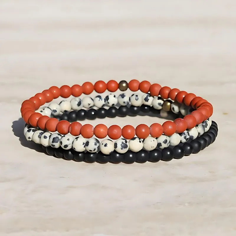 "Survival" Matte Red Jasper Onyx & Dalmatian Jasper Bracelet Set