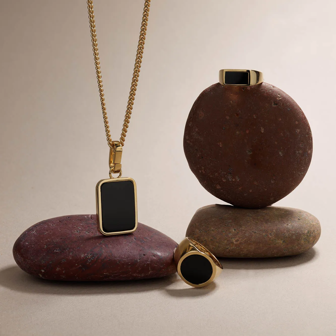 Rectangle Black Onyx Unisex Pinky Ring in Gold