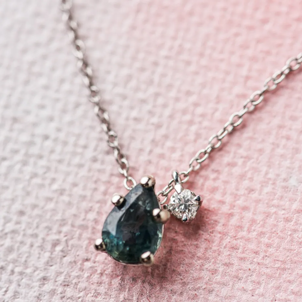 Sapphire Pear Necklace with Diamond in 14k White Gold