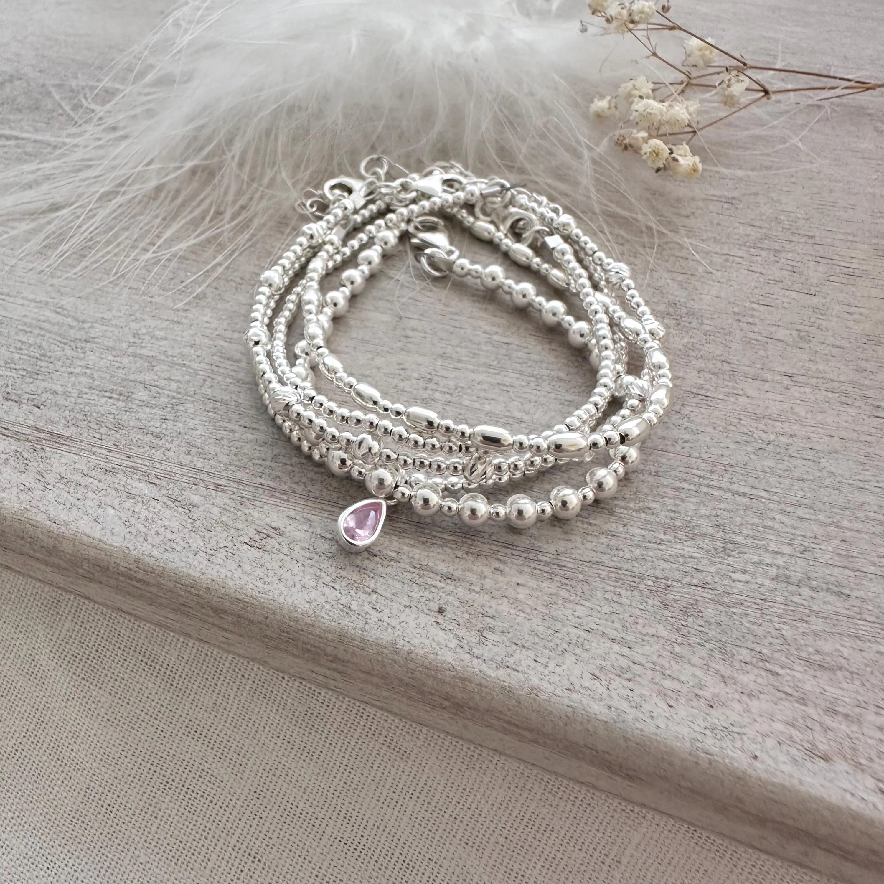 Sterling Silver Bracelet Stack, 5 Sterling Silver Stacking Bracelets Set with Cubic zirconia