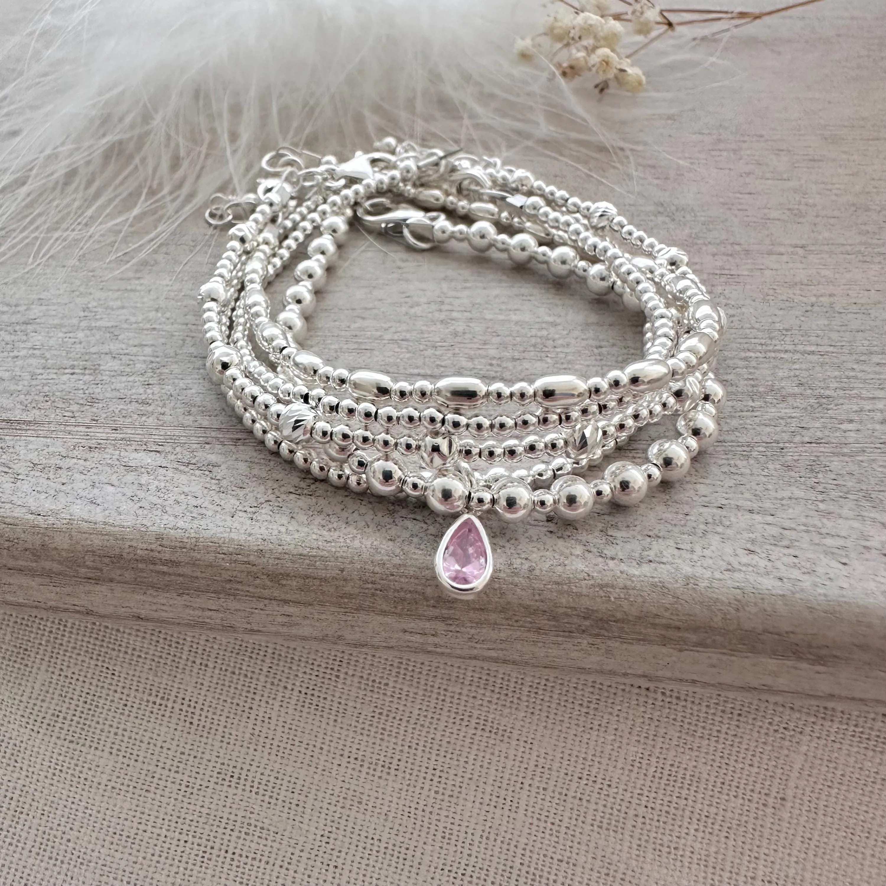 Sterling Silver Bracelet Stack, 5 Sterling Silver Stacking Bracelets Set with Cubic zirconia