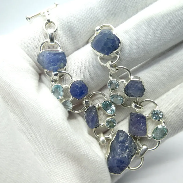Tanzanite Bracelet, Raw Nuggets with Faceted Blue Topaz, 925 Silver
