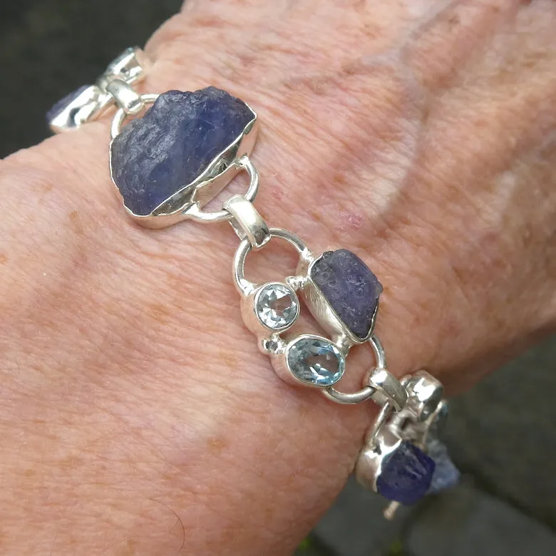 Tanzanite Bracelet, Raw Nuggets with Faceted Blue Topaz, 925 Silver