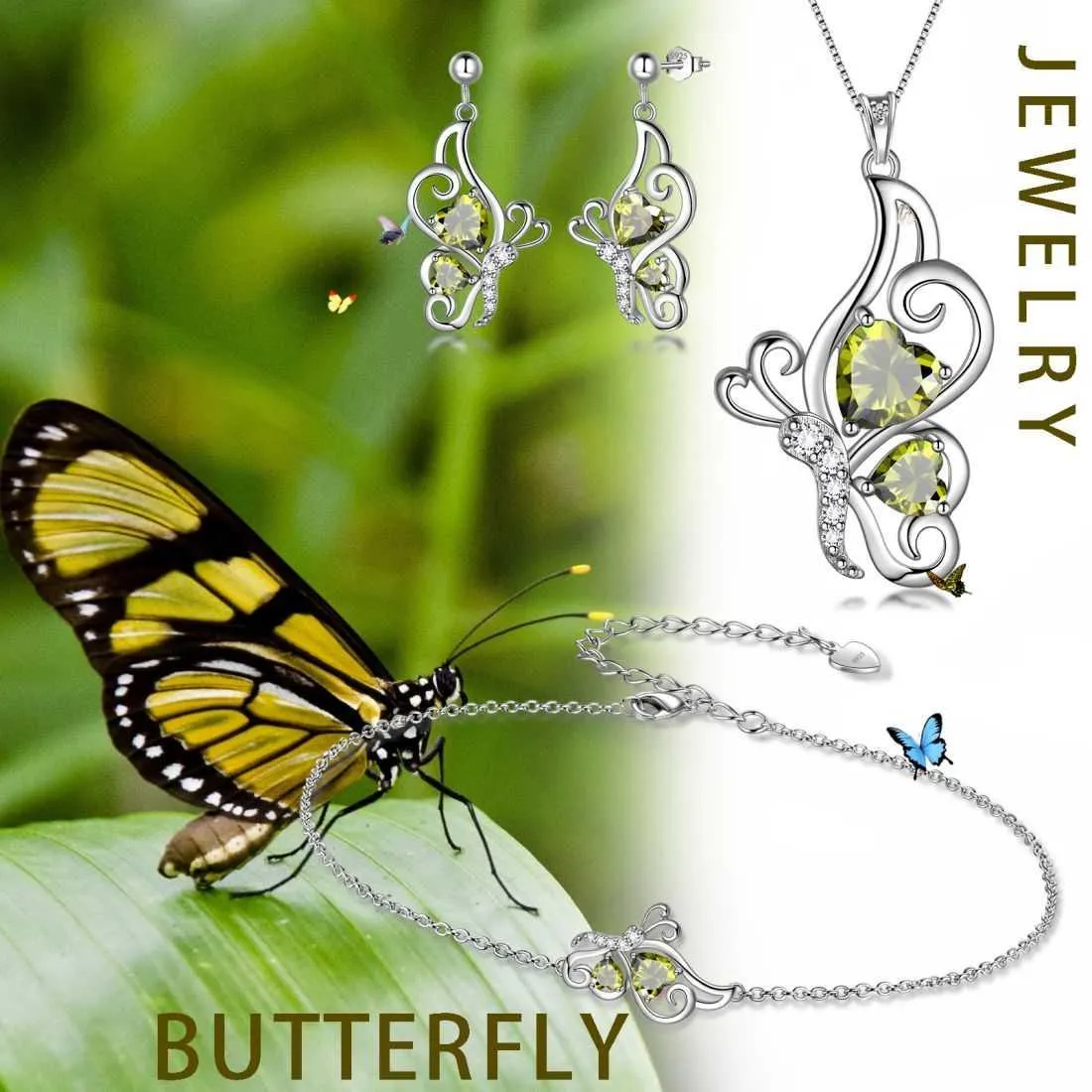 Tokyo Mart Butterfly Birthstone August Peridot Jewelry Set 4PCS Women Girls Birthday Gift