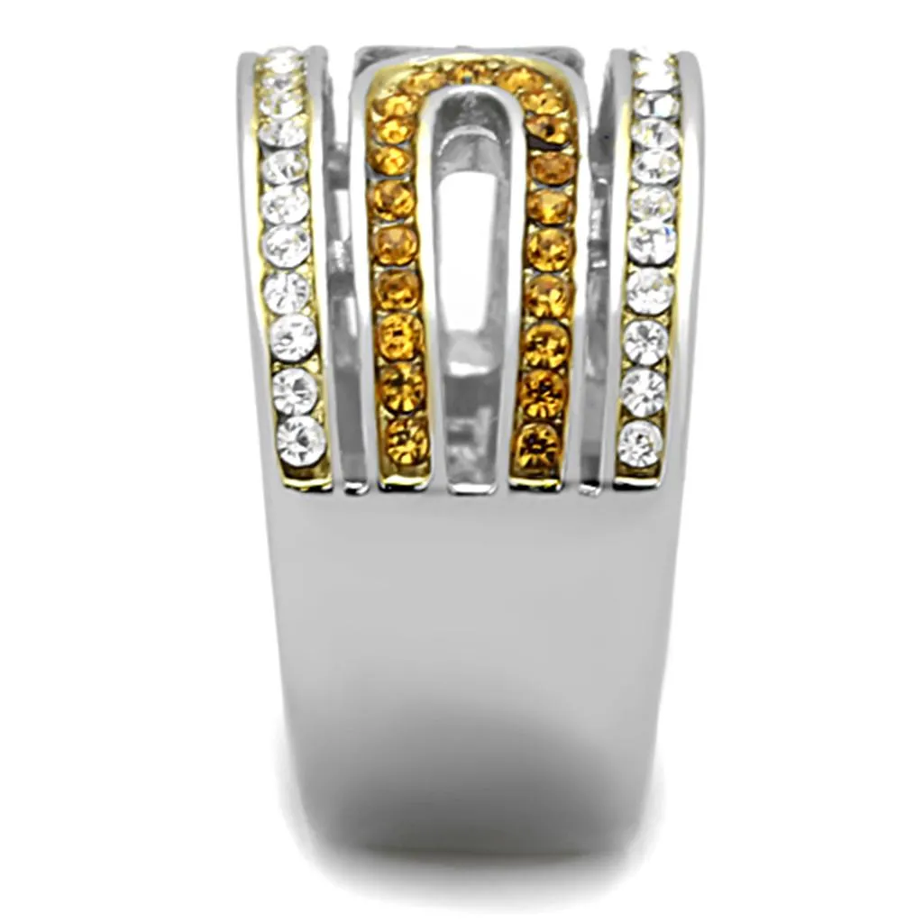 Two-Tone IP Gold (Ion Plating) Stainless Steel Ring with Top Grade Crystal in Topaz for Women Style TK1555