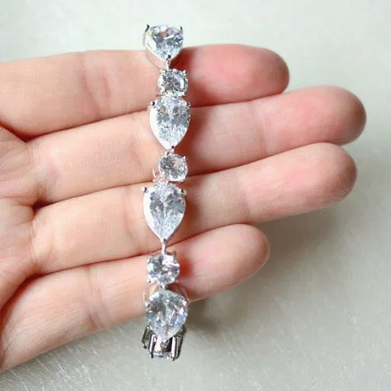White Gold Cubic Zirconia Bridal Bracelet. CZ Teardrop Crystal Bridal Wedding Cuff Bracelet. Tennis Crystal Bracelet. Wedding Jewelry